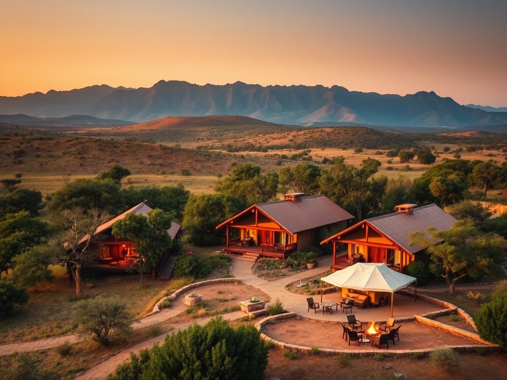 A cozy safari lodge nestled in the heart of the African wilderness, surrounded by lush greenery and majestic mountains in the distance. The warm, earthy tones of the wooden structures blend seamlessly with the natural landscape, creating a harmonious and inviting atmosphere. A tranquil campsite sits nearby, with neatly arranged tents and campfires dotting the rolling hills. Guests can bask in the sights and sounds of the African savanna, from the gentle rustling of the trees to the calls of exotic wildlife. Soft, diffused lighting casts a golden glow, evoking a sense of relaxation and adventure. This scene perfectly encapsulates the essence of the Camping und Lodge Unterkünfte in Afrika, offering a truly immersive and memorable experience.