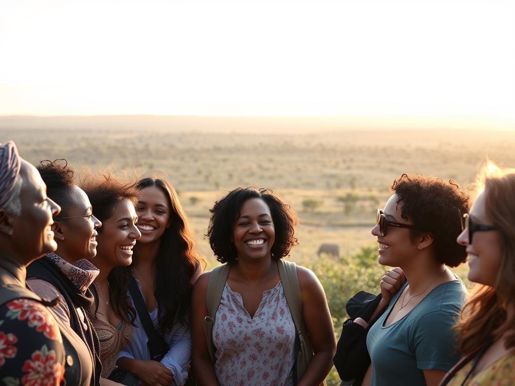 A serene and tranquil scene unfolds, capturing the essence of group travel experiences in Africa. In the foreground, a group of diverse travelers, their faces beaming with joy and camaraderie, engage in animated conversations. Midground, a panoramic vista of rolling savannas, dotted with acacia trees and distant wildlife. The background gently fades into a warm, golden sunset, casting a soft, natural light over the entire composition. The image conveys a sense of adventure, cultural immersion, and the joy of shared experiences in the heart of the African continent.