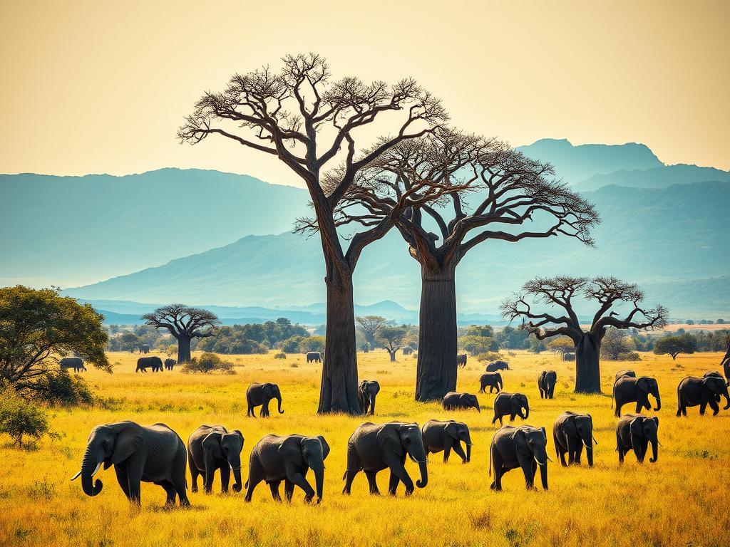 A stunning safari landscape in the heart of the African savanna. In the foreground, a majestic herd of elephants grazes peacefully, their wrinkled skin glistening in the warm, golden sunlight. Towering baobab trees dot the middle ground, casting long shadows across the lush, verdant grass. In the distance, a hazy blue mountain range rises, framing the scene with a sense of grandeur and adventure. The air is filled with the calls of exotic birds and the occasional rumble of a lion's roar, creating an immersive, atmospheric experience. Captured through a wide-angle lens, this image conveys the awe-inspiring beauty and untamed wonder of an African safari adventure.