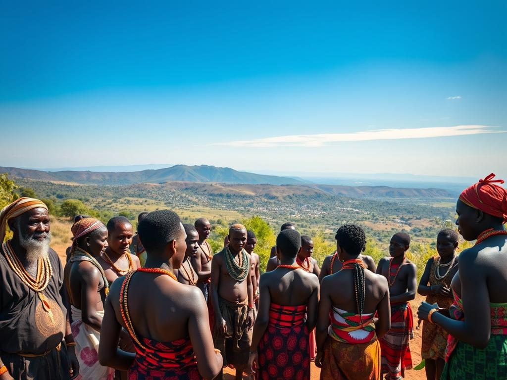 A vibrant gathering of African tribal communities, captured in a serene outdoor setting. In the foreground, a circle of elders and community leaders engage in lively cultural exchange, their traditional costumes and intricate body adornments reflecting the richness of their heritage. In the middle ground, younger members of the tribes partake in rhythmic dances, their movements accentuated by the warm, natural lighting. The background reveals a breathtaking landscape of rolling hills, lush vegetation, and a clear, azure sky, creating a sense of harmony and connection between the people and their ancestral land. The overall scene evokes a palpable atmosphere of cultural authenticity, community, and timeless tradition.