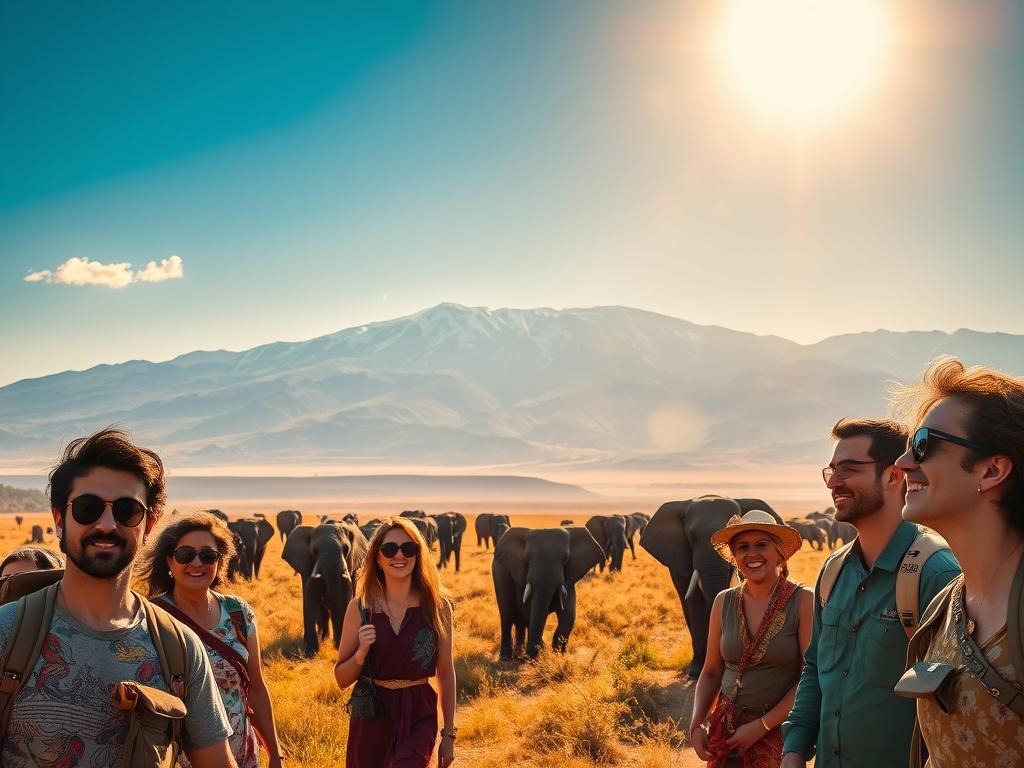 A vibrant, scenic landscape of the African wilderness, captured in a wide-angle lens. In the foreground, a group of diverse travelers exploring a sun-dappled savanna, their expressions filled with wonder and camaraderie. The middle ground features a herd of majestic elephants, their trunks swaying in the gentle breeze. In the background, a towering, snow-capped mountain range stands as a testament to the grandeur of the continent. The lighting is warm and golden, creating a sense of adventure and exploration. The overall mood is one of discovery, shared experiences, and the joy of traversing Africa's breathtaking natural wonders as part of a group.