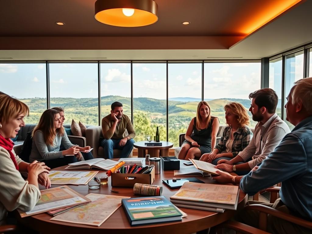 Planung und Flexibilität bei Gruppenreisen A vibrant scene of a diverse group of travelers planning their African adventure. In the foreground, a round table is covered with maps, guidebooks, and travel itineraries, surrounded by attentive participants engaged in lively discussion. The middle ground features a stylish, well-appointed lounge with comfortable seating and warm lighting, conveying a sense of relaxation and camaraderie. In the background, glimpses of a lush, verdant landscape with rolling hills and a clear sky evoke the promise of the journey ahead. The overall atmosphere is one of collaborative planning, adaptability, and excitement for the experiences to come.